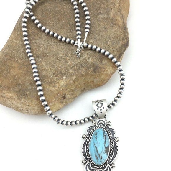 Navajo Sterling Silver Blue Necklace Pendant Ln 20 - Picture 2 of 12